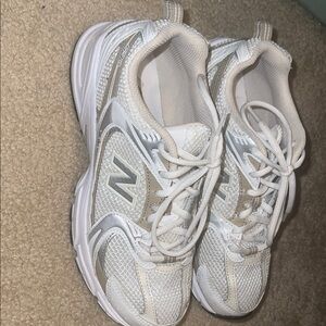 New Balance White and Silver Athletic Shoes
